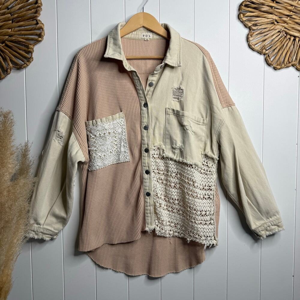 POL patchwork shacket crochet distressed button d… - image 2